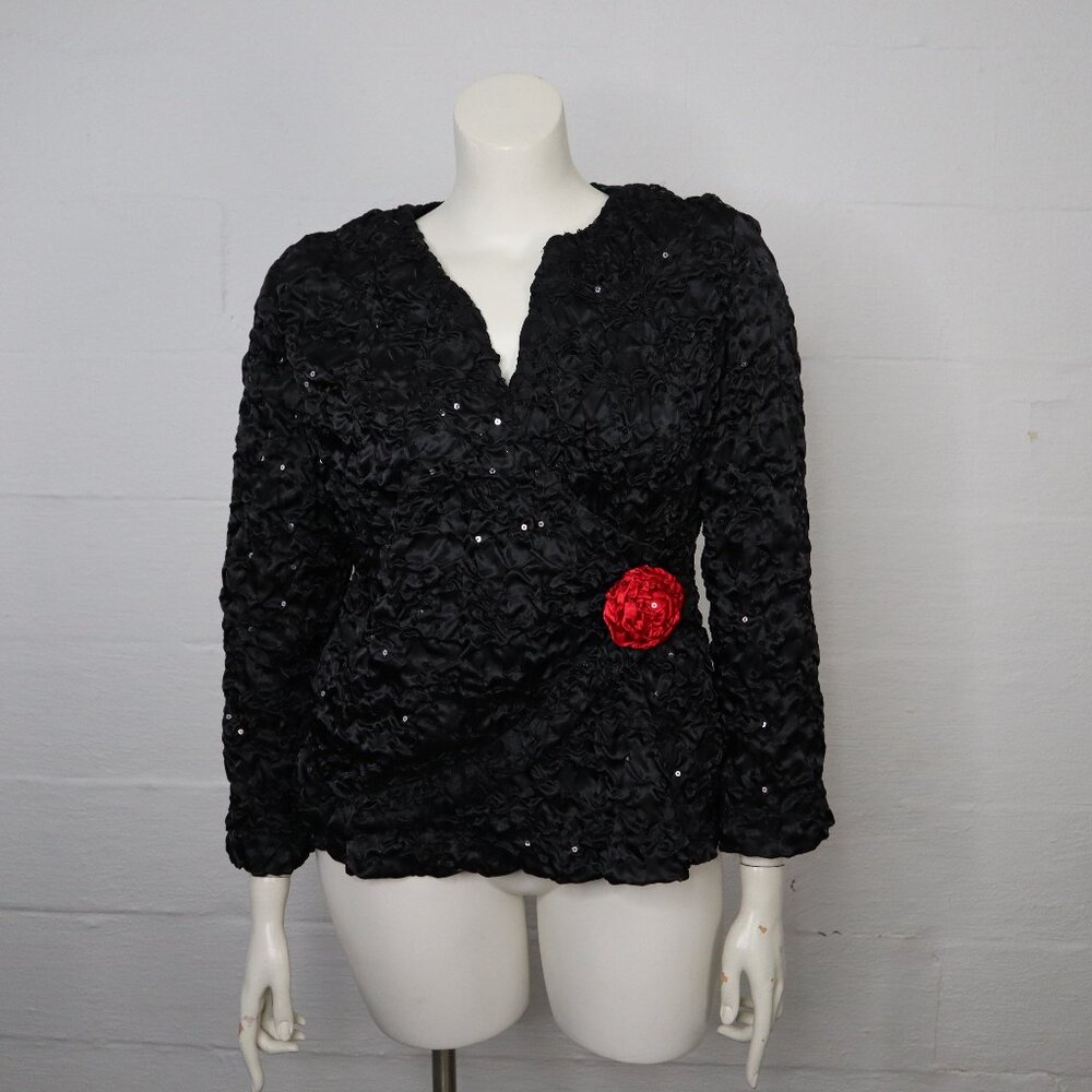 Vintage Black Dressy Shirt Jackie Jon Women's Large Crinkle Sequins w/ Red Rose